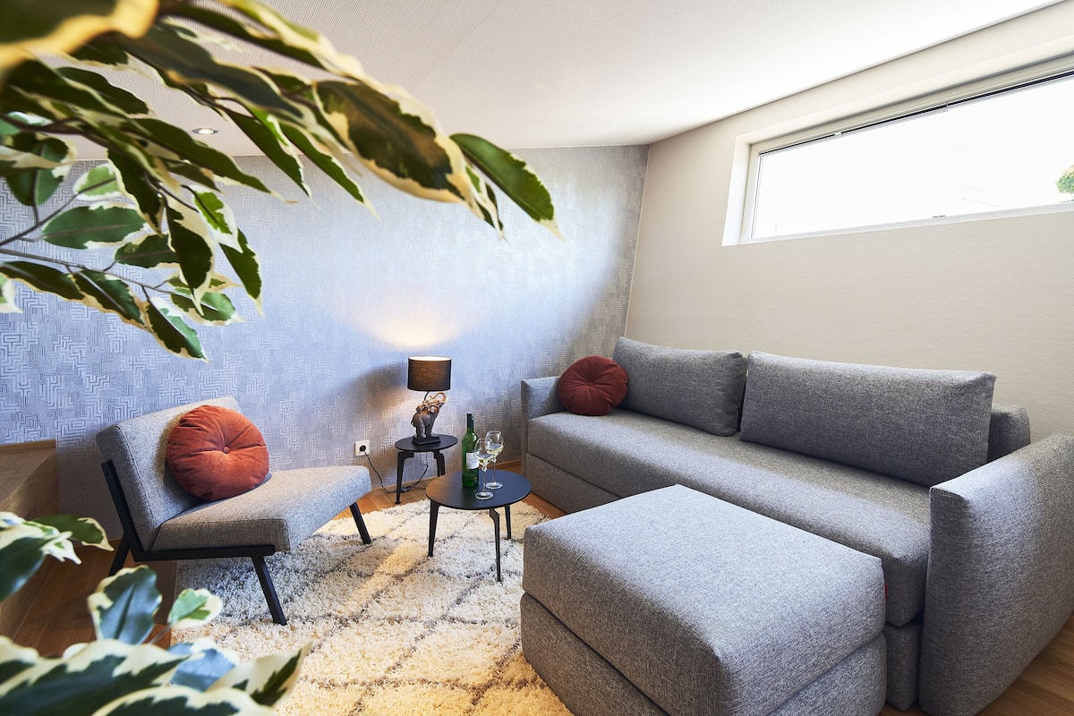 Premium Maisonette | Wohnbereich | 40-Zoll-Flachbildfernseher mit Satellitenempfang, Fernseher