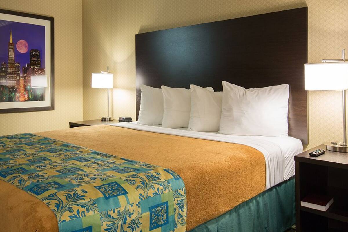 Una habitación de hotel con una cama grande, un cabecero, dos mesitas de noche y una lámpara en cada una.