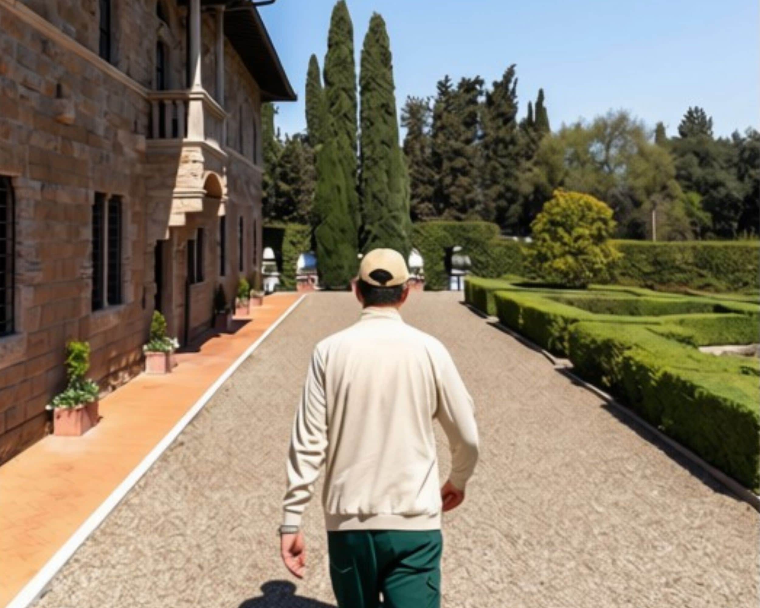Un uomo cammina su un vialetto lastricato verso un edificio con facciata in mattoni e colonne.
