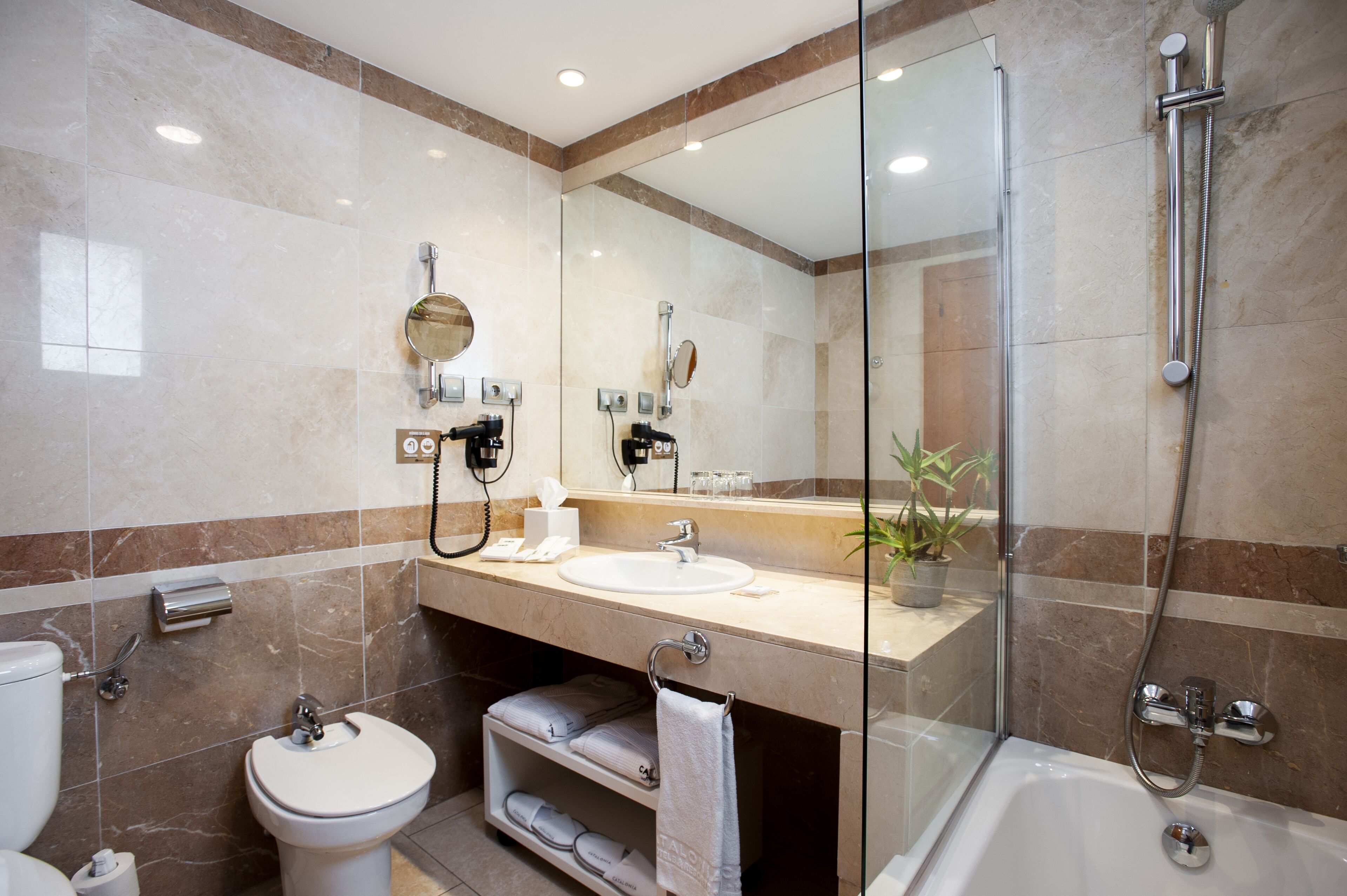A modern bathroom with a glass-enclosed shower, a white sink, and a toilet.