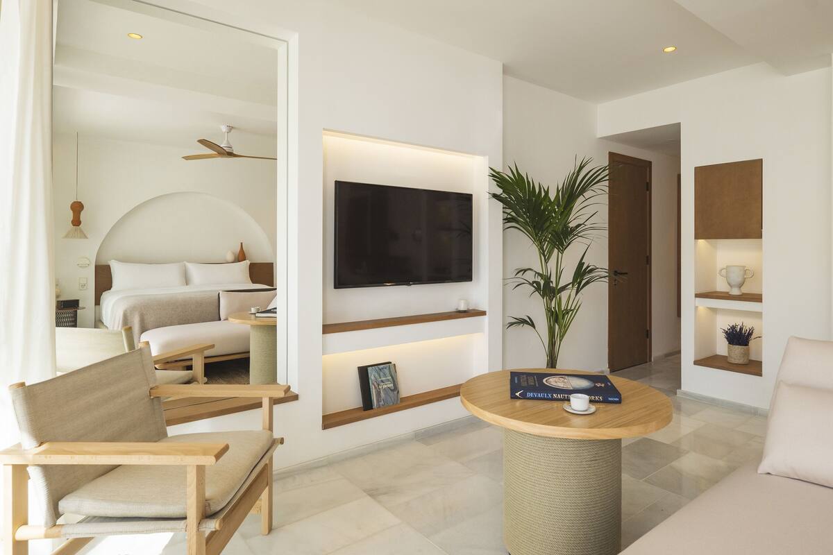Une chambre d’hôtel moderne dotée d’un grand téléviseur à écran plat, d’un canapé confortable, d’une chaise en bois, d’une petite table ronde et d’une plante en pot.