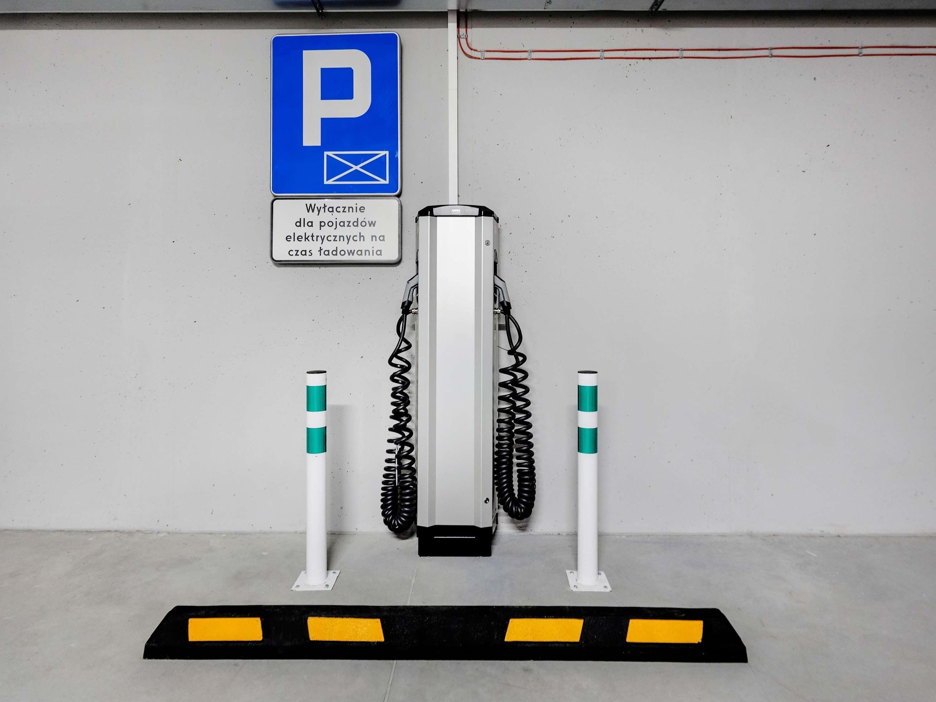 Un'area di parcheggio con segnaletica blu, una stazione di ricarica e dissuasori.
