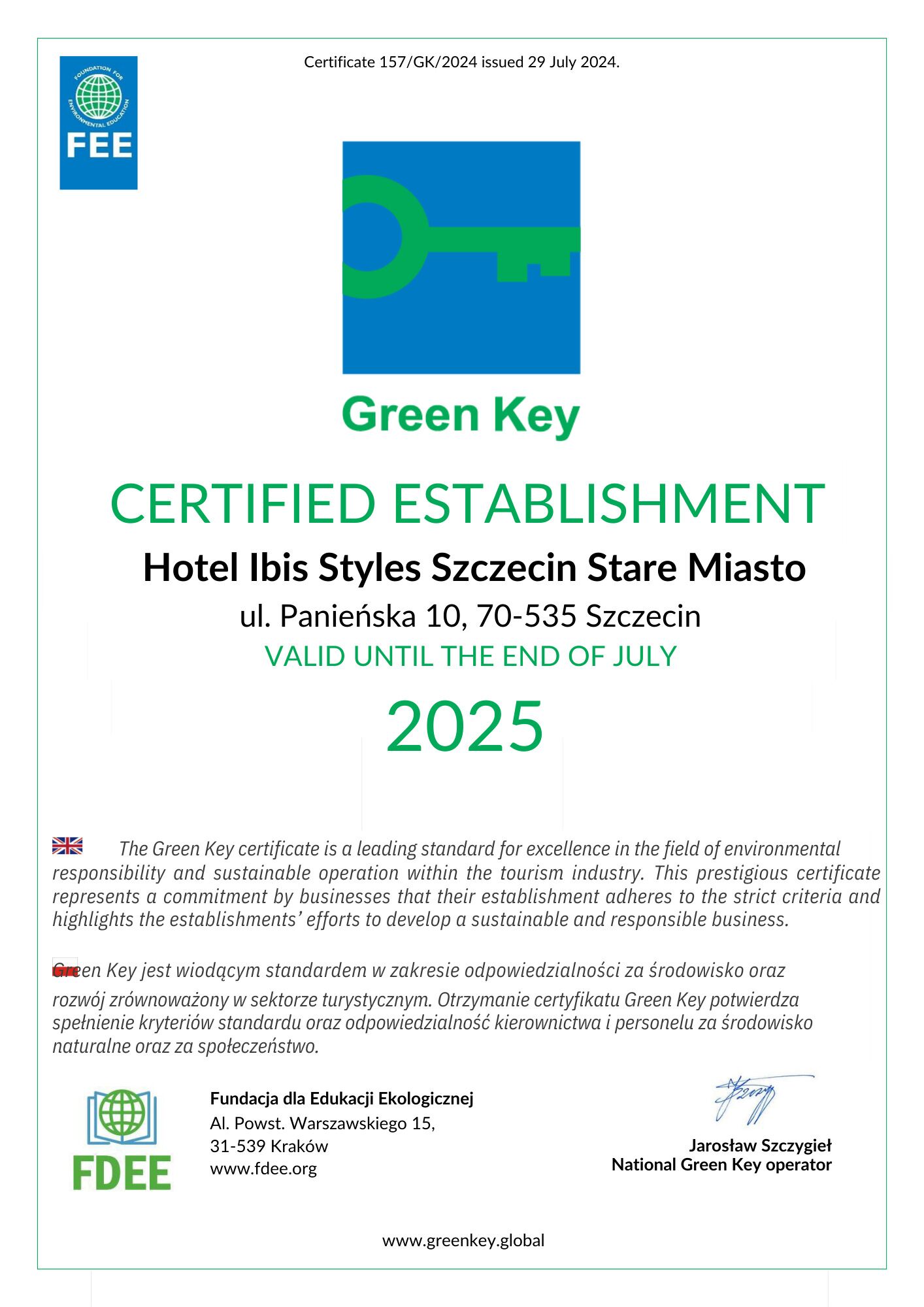Certificato di riconoscimento Green Key per l'Hotel Iris Styles Szczezin Stare Miasto.