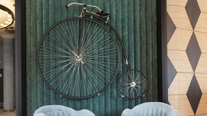 Un interior moderno con dos sillones azul claro, una mesa de centro blanco y negro, y dos bicicletas colgadas en una pared verde.
