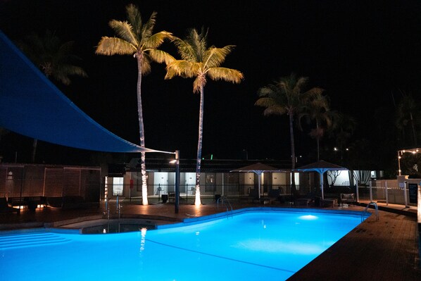 Outdoor pool, pool umbrellas, pool loungers