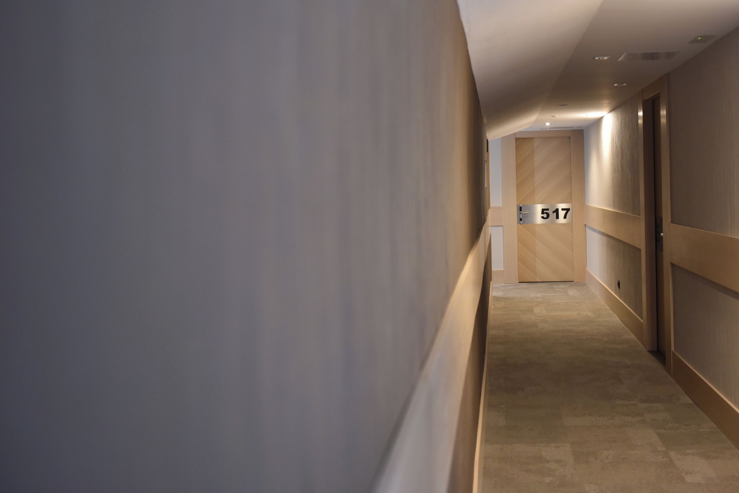 Un couloir doté d’un sol recouvert de moquette, une porte en bois portant le numéro 517 et une source de lumière au plafond.