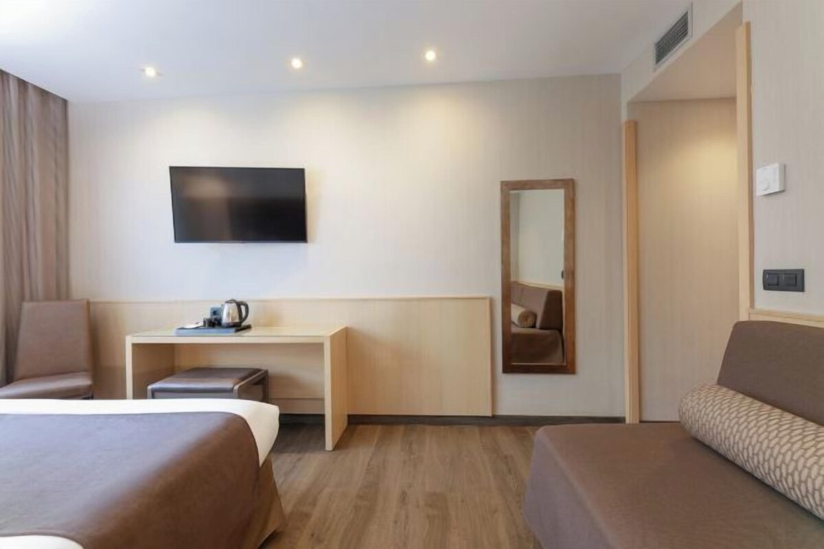 Habitación de hotel con cama, escritorio, silla, sofá, televisor y espejo.