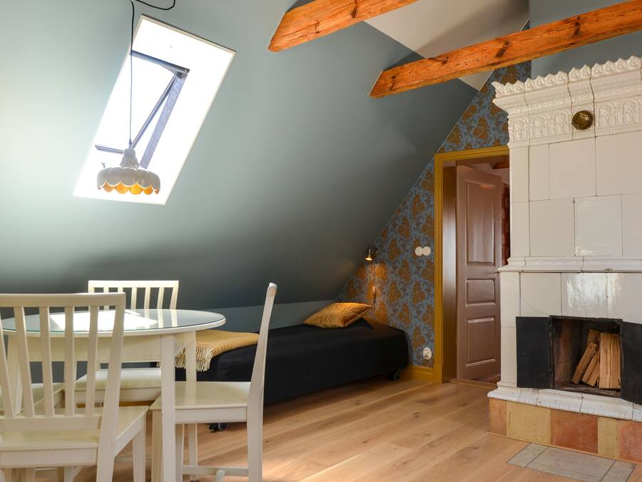 A room with a skylight, a fireplace, a bed, and a dining area with chairs and a table.