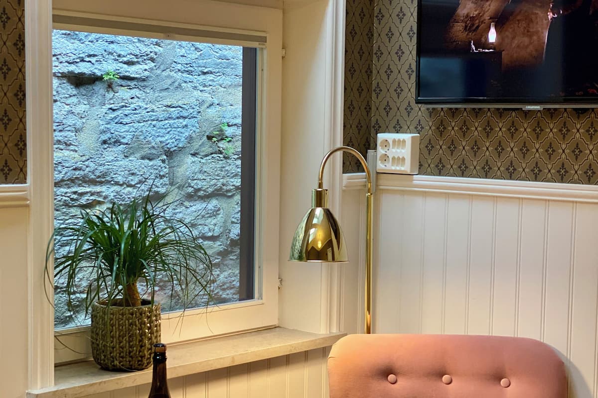 A room with a window, a television mounted on the wall, a pink chair, a small table with a bottle and glass, and a potted plant.