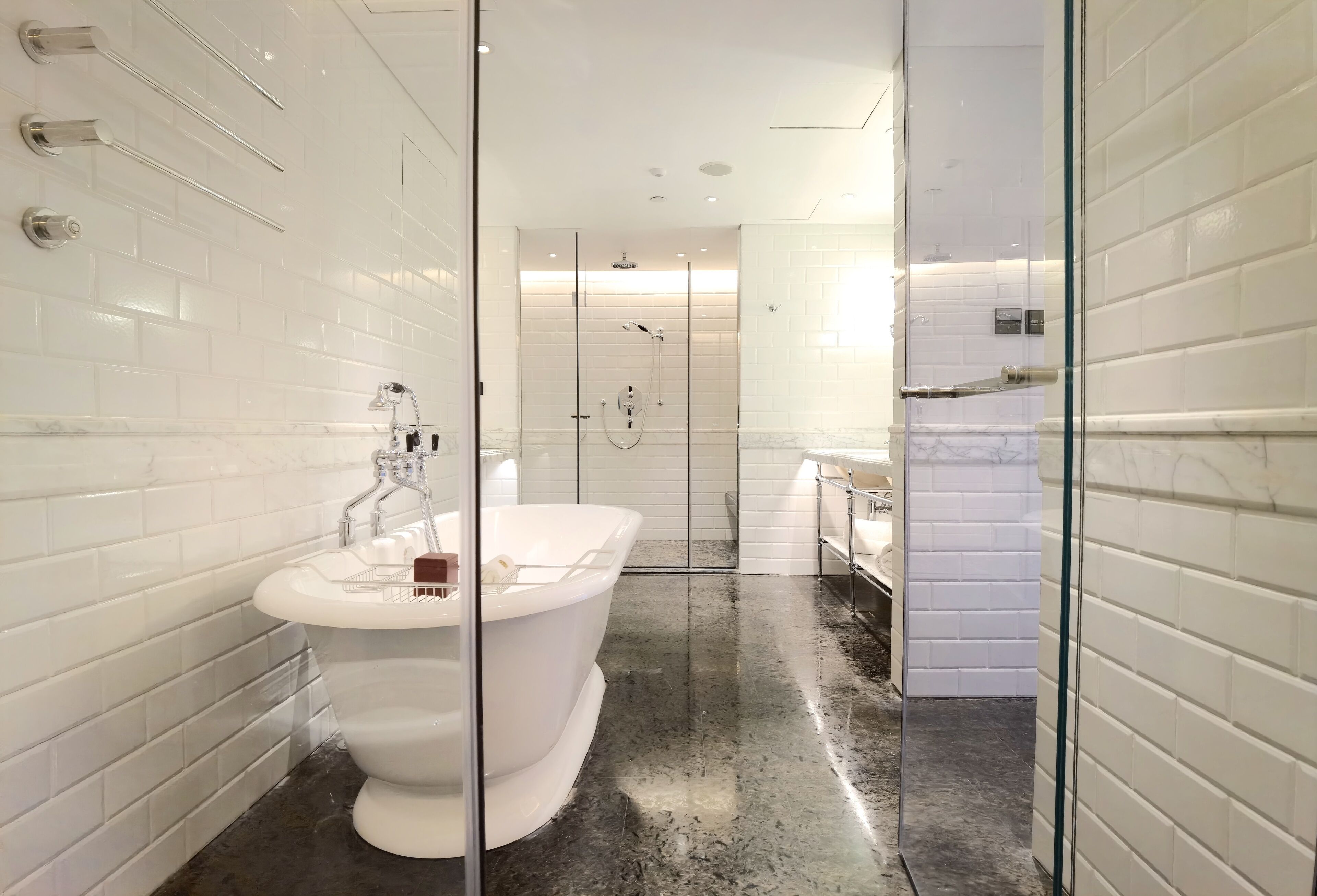 separate bathtub and shower, rainfall showerhead, hair dryer, bathrobes