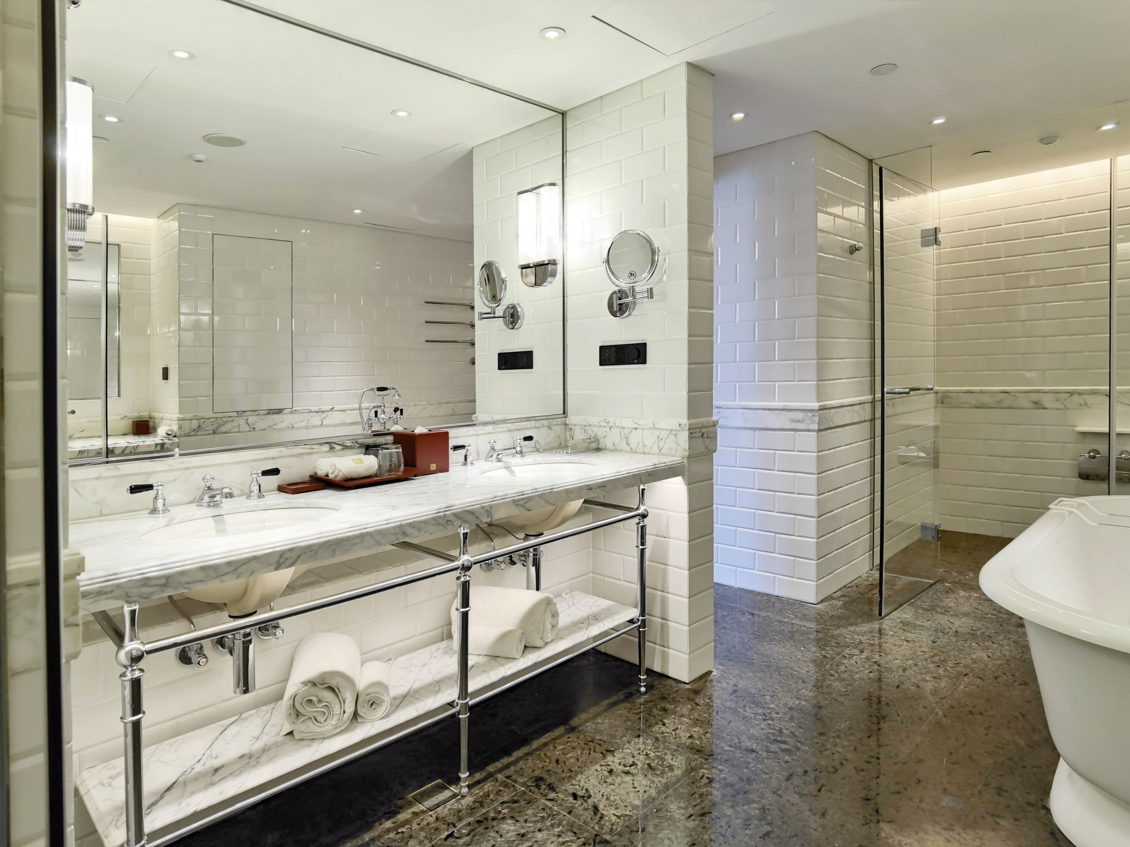 separate bathtub and shower, rainfall showerhead, hair dryer, bathrobes