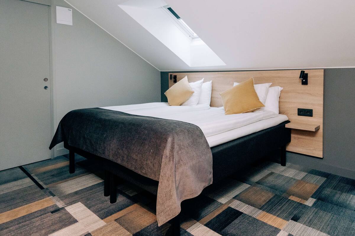 A modern bedroom with a sloped ceiling skylight, a bed with a dark headboard, and a patterned carpet.