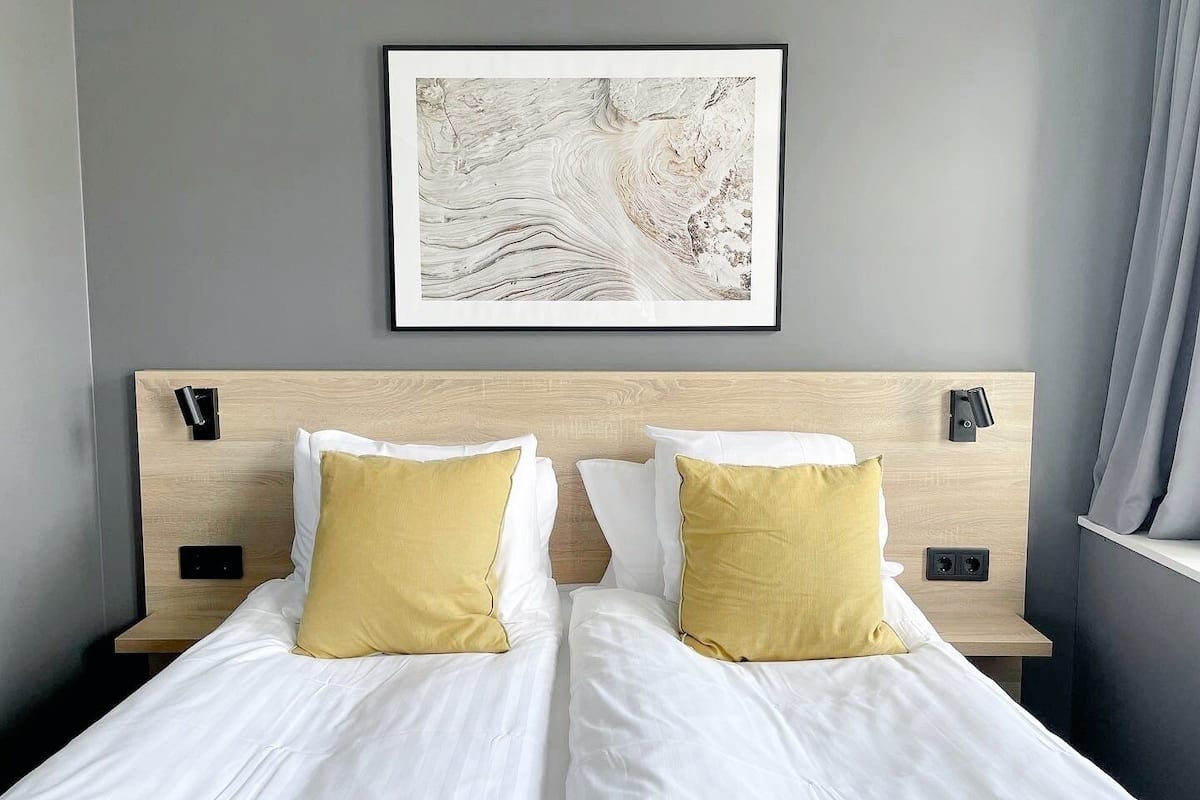 1 bedroom, desk, blackout curtains, iron/ironing board