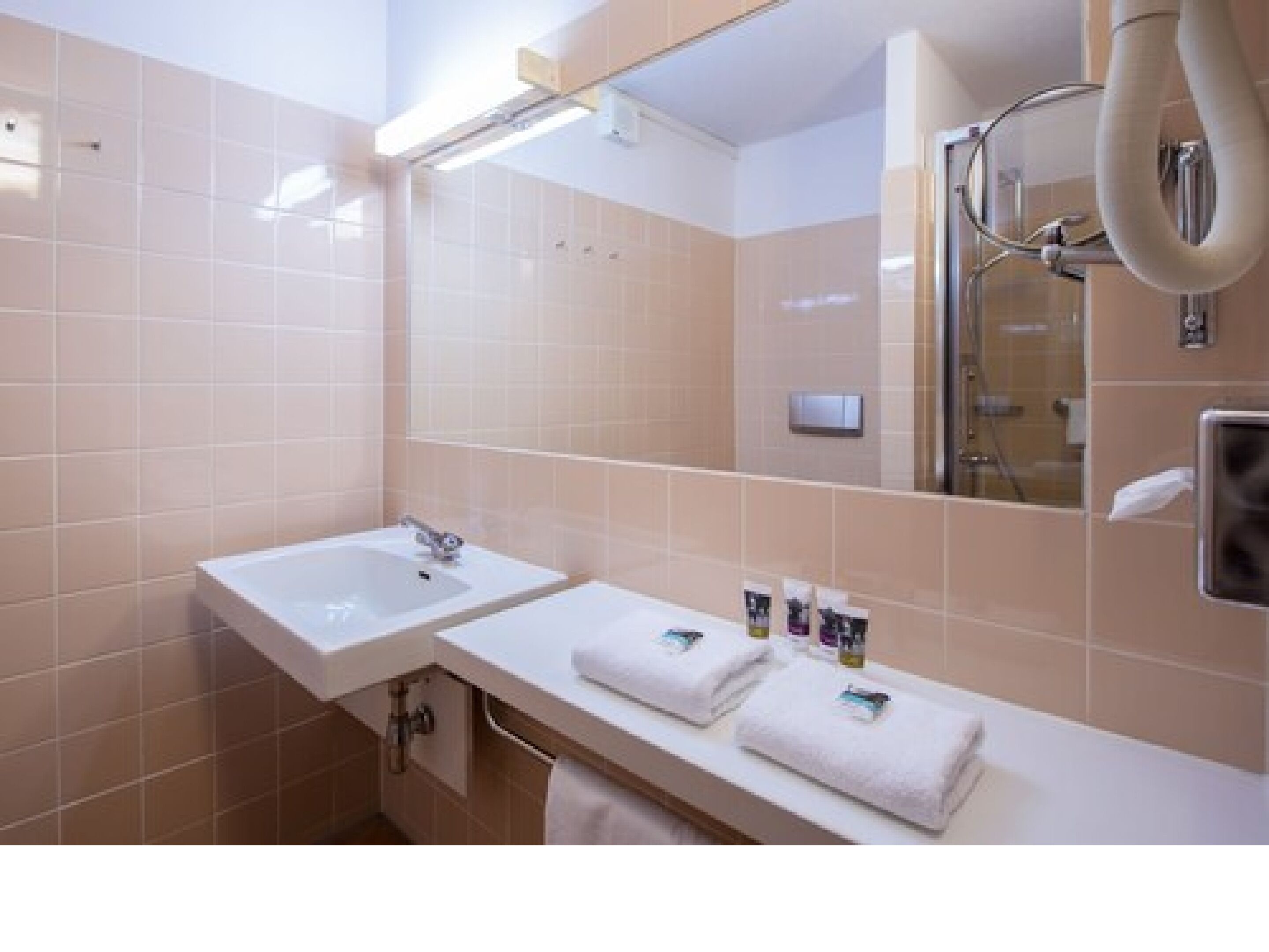 A modern bathroom with two sinks, a large mirror, and a shower area.