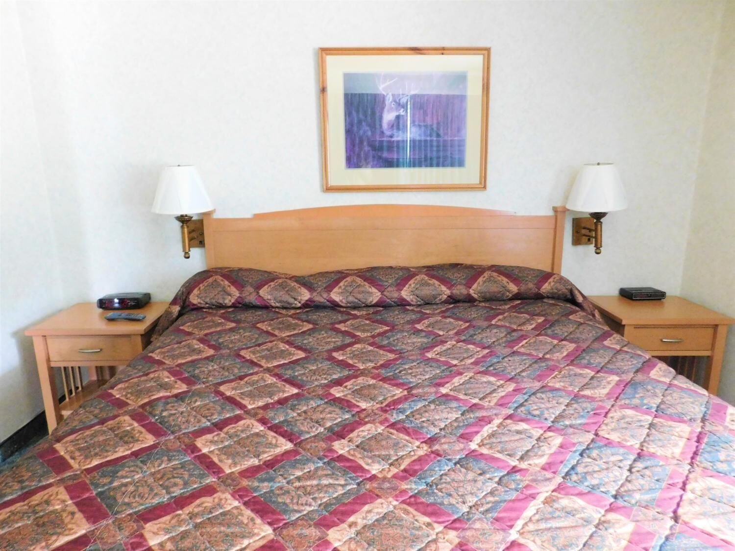 Een standaard hotelkamer met een groot bed, twee nachtkastjes, een ingelijst schilderij aan de muur en twee wandlampen.