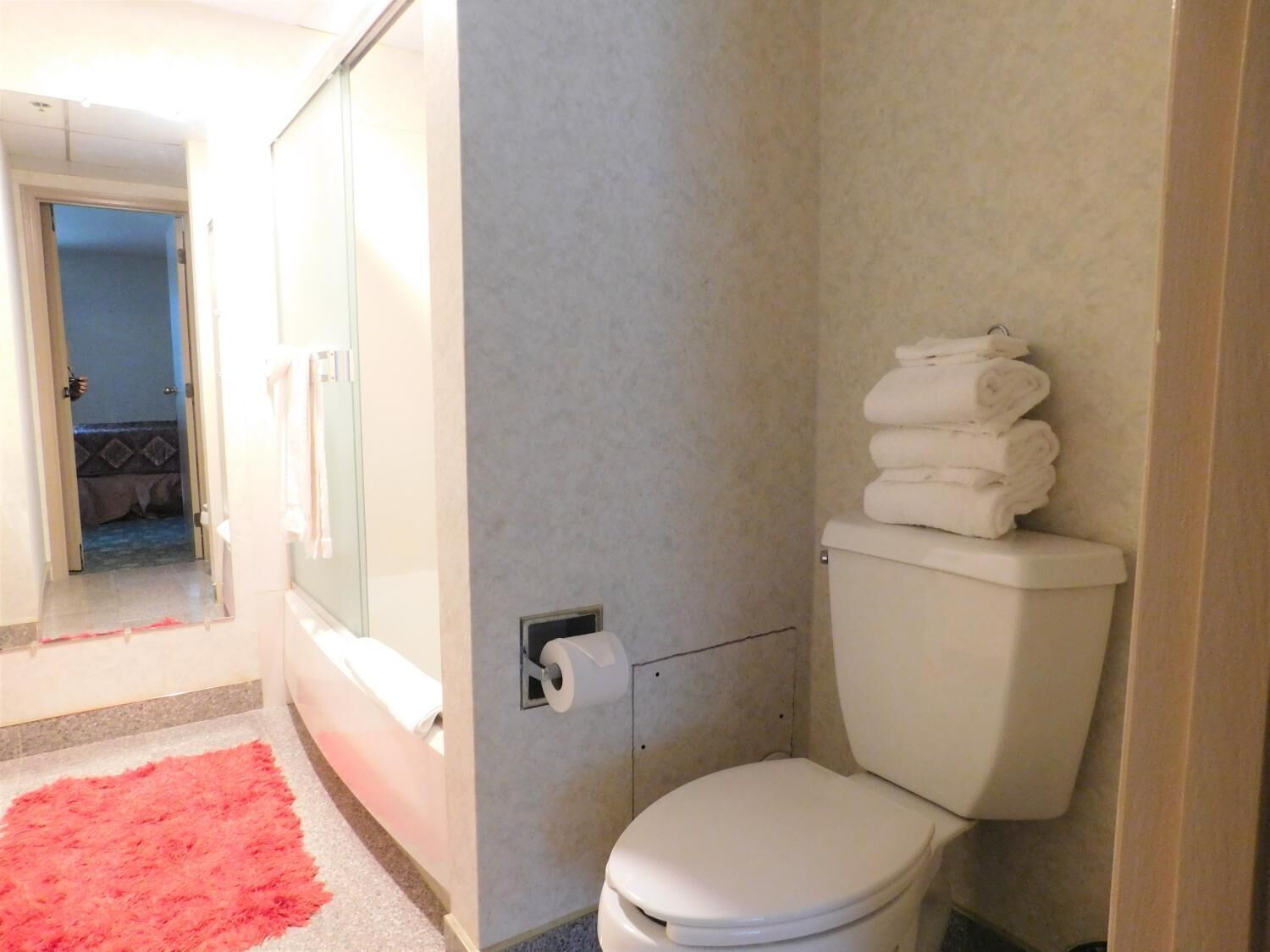 A bathroom with a toilet, a roll of toilet paper, and a stack of towels on the wall.