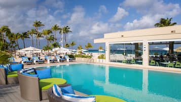 Outdoor pool, pool umbrellas, pool loungers