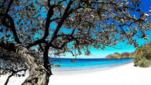 On the beach, sun-loungers, beach towels, scuba diving