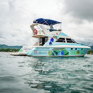 A large yacht with a covered deck and a blue canopy, sailing on a body of water with mountains in the background.