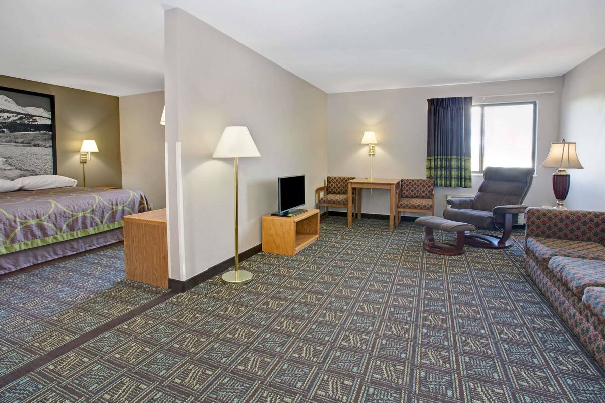 A hotel room with a bed, a desk, a chair, a sofa, and a television.