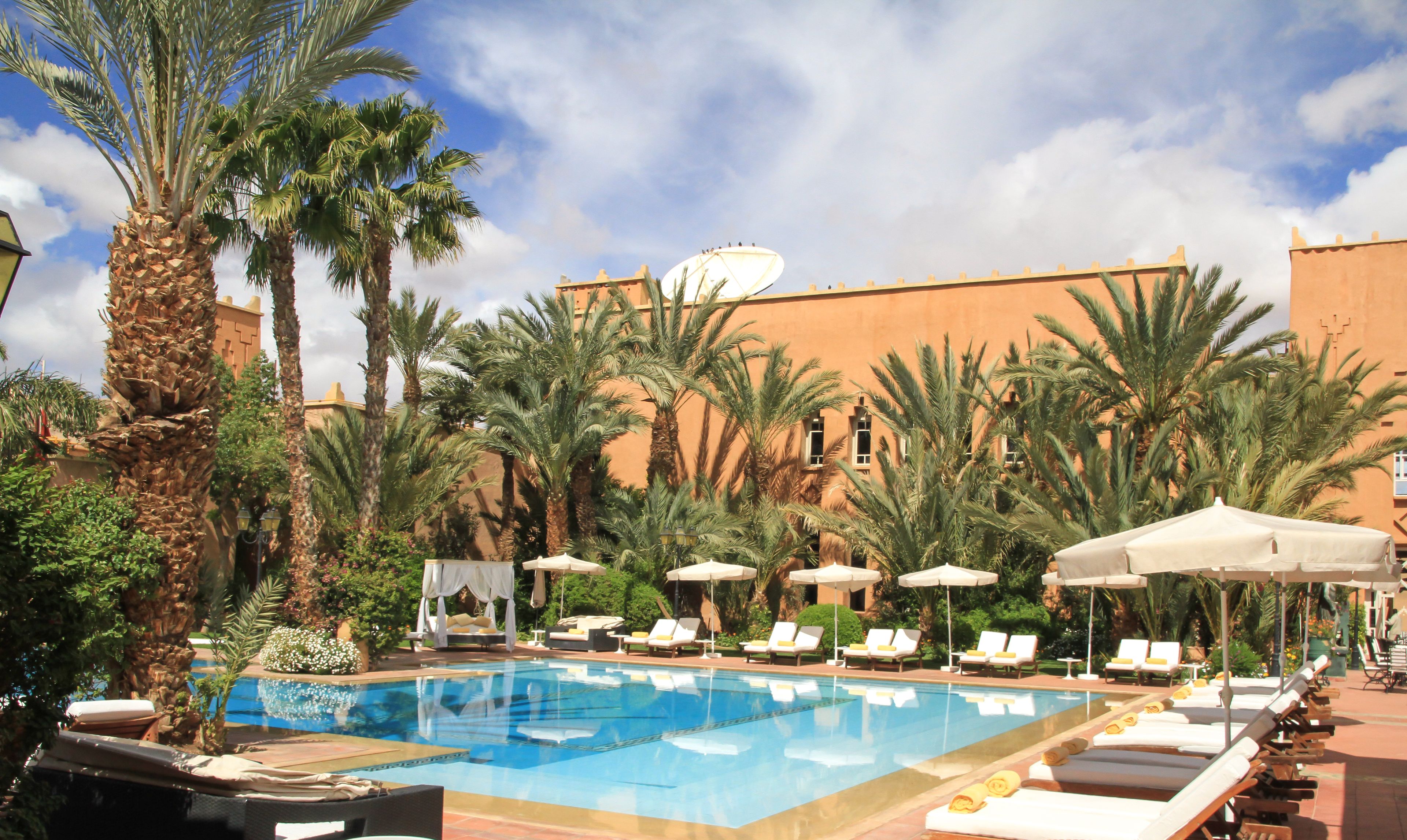 Zona de piscina con sillones de descanso y sombrillas, rodeada de palmeras y un edificio con antena parabólica.
