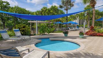 A pool area with lounge chairs, a pergola, and palm trees.