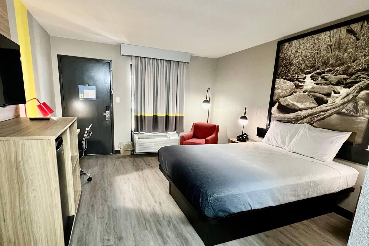 A hotel room with a bed, a desk, a chair, a TV, a window with curtains, and a wall-mounted picture.