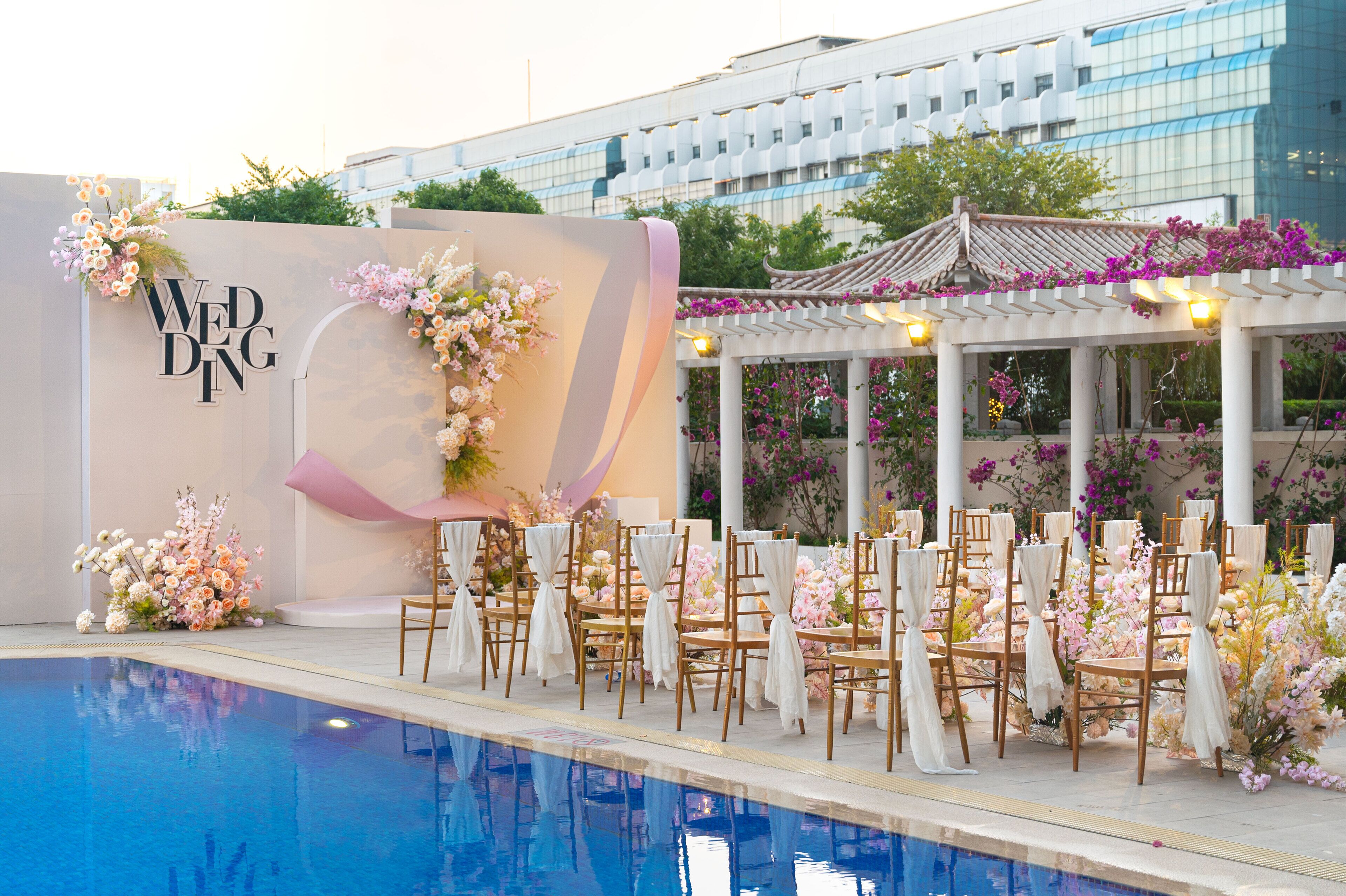 outdoor pool, pool umbrellas, pool loungers