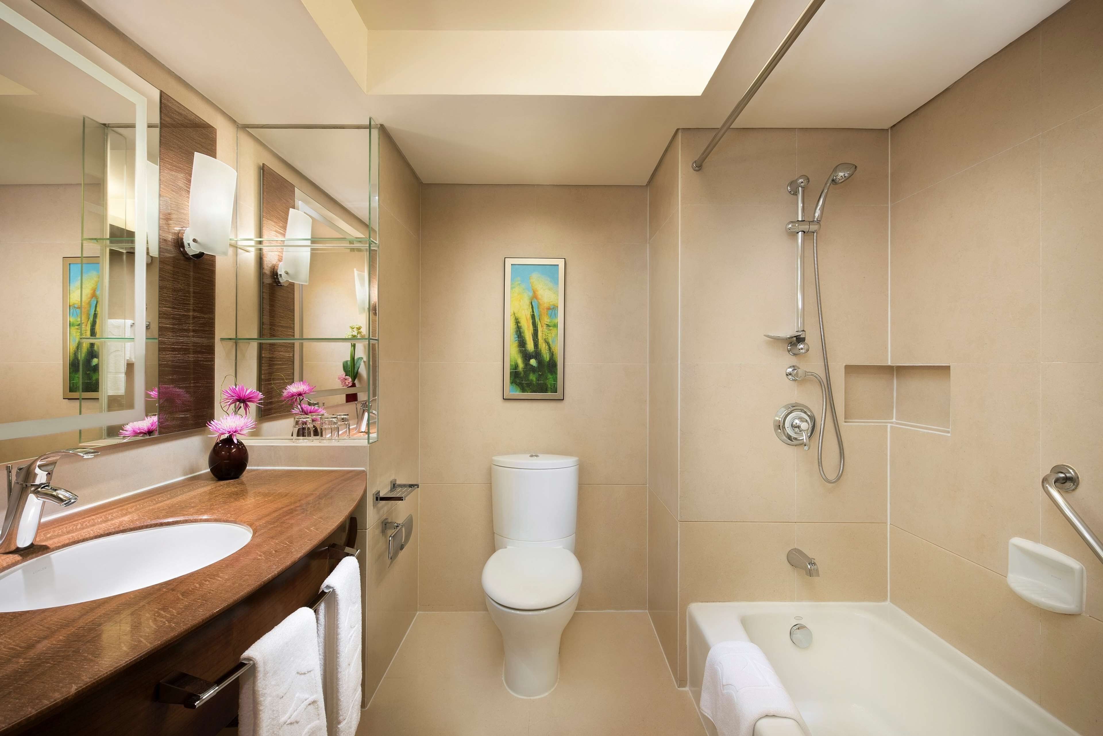 combined shower/bathtub, deep-soaking bathtub, free toiletries