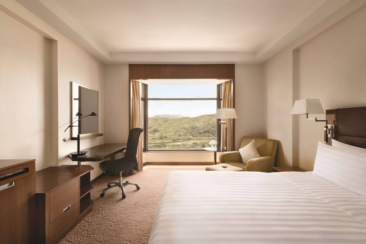 A hotel room with a large bed, a desk, a chair, a TV, and a window with a view of the countryside.