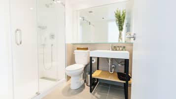A modern bathroom with a glass shower enclosure, a white toilet, and a sink with a mirror above it.