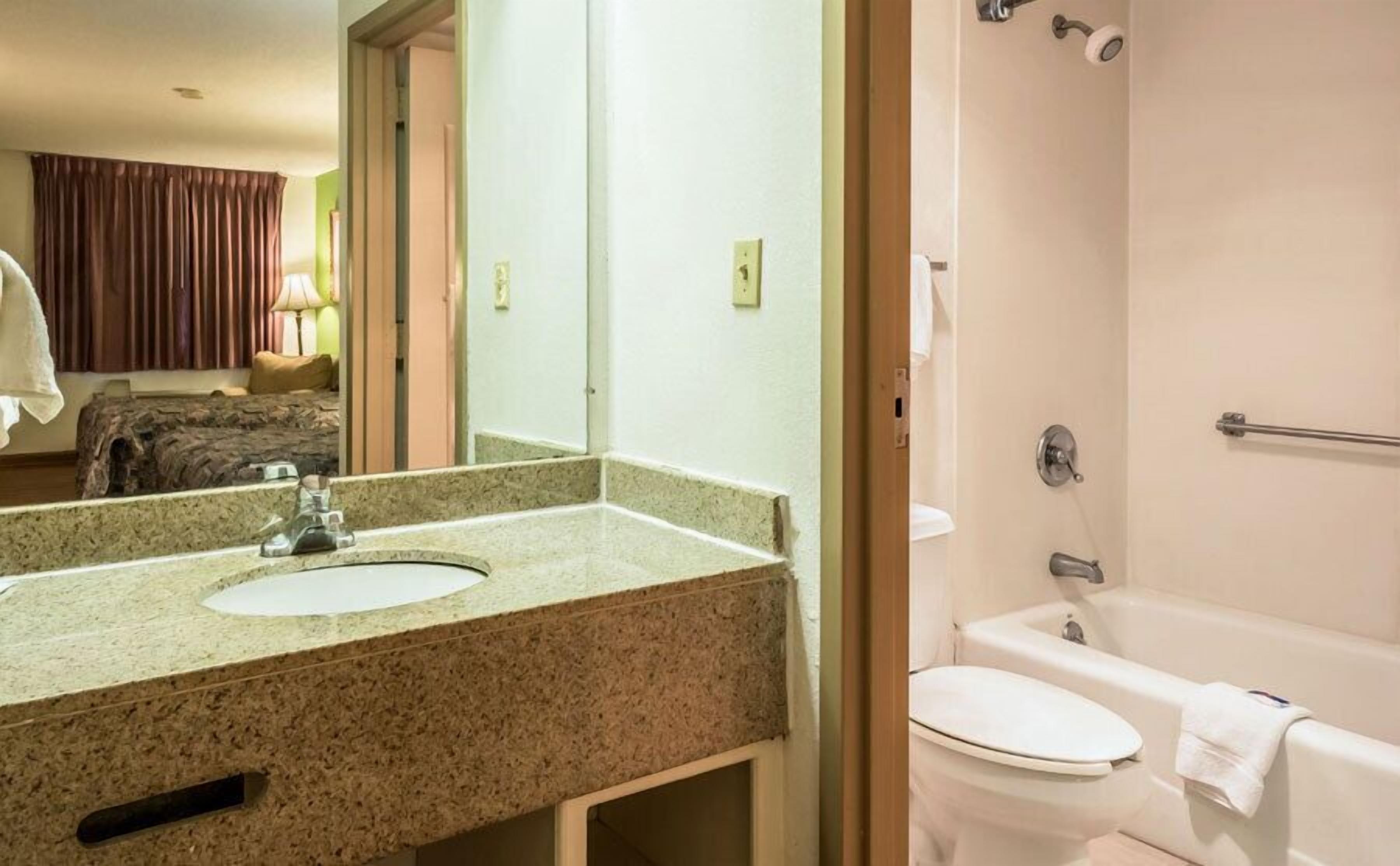 Une salle de bain équipée d’un lavabo, d’un miroir, de toilettes et d’une baignoire.