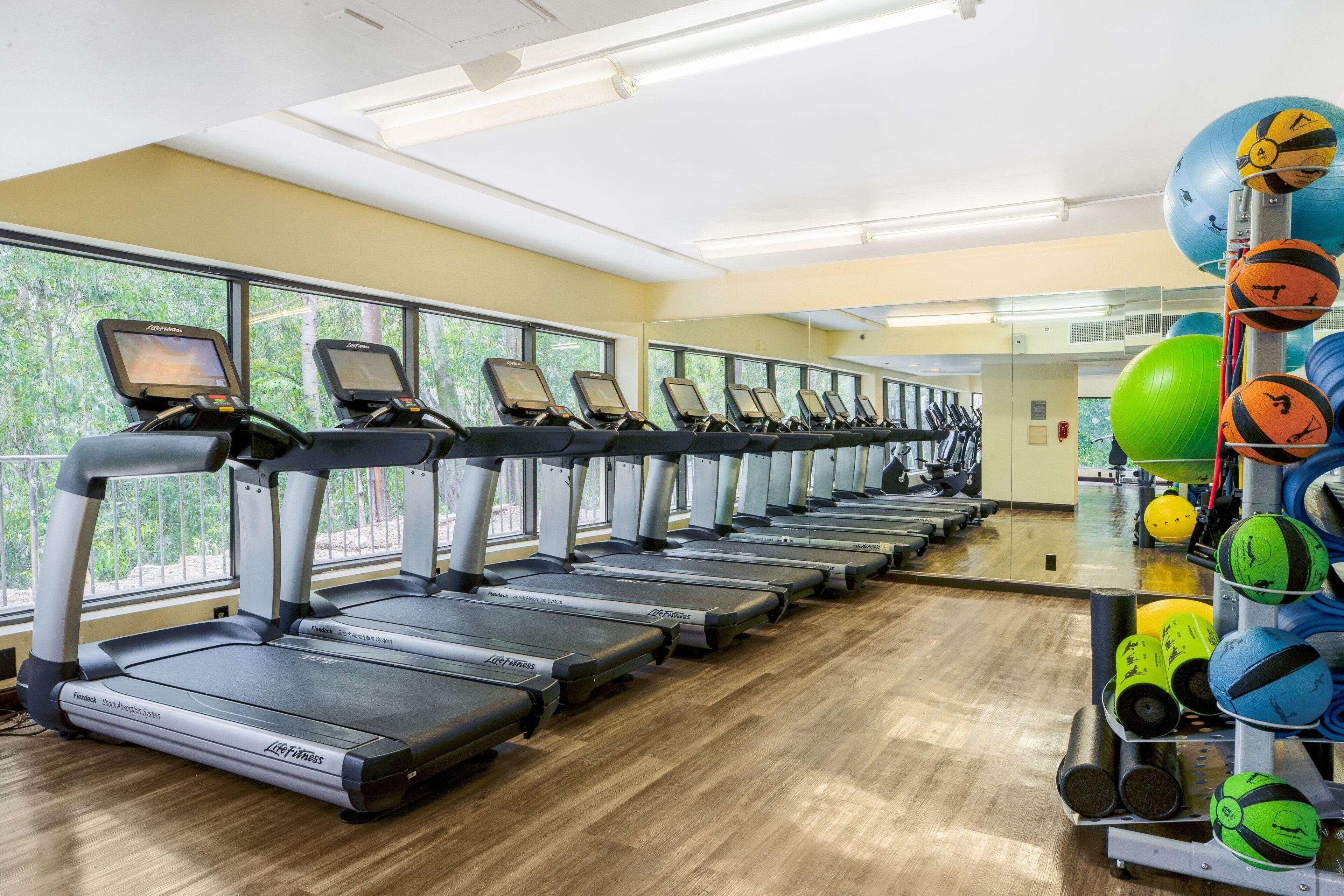 A gym with treadmills aligned in rows, exercise balls, and a wooden floor.