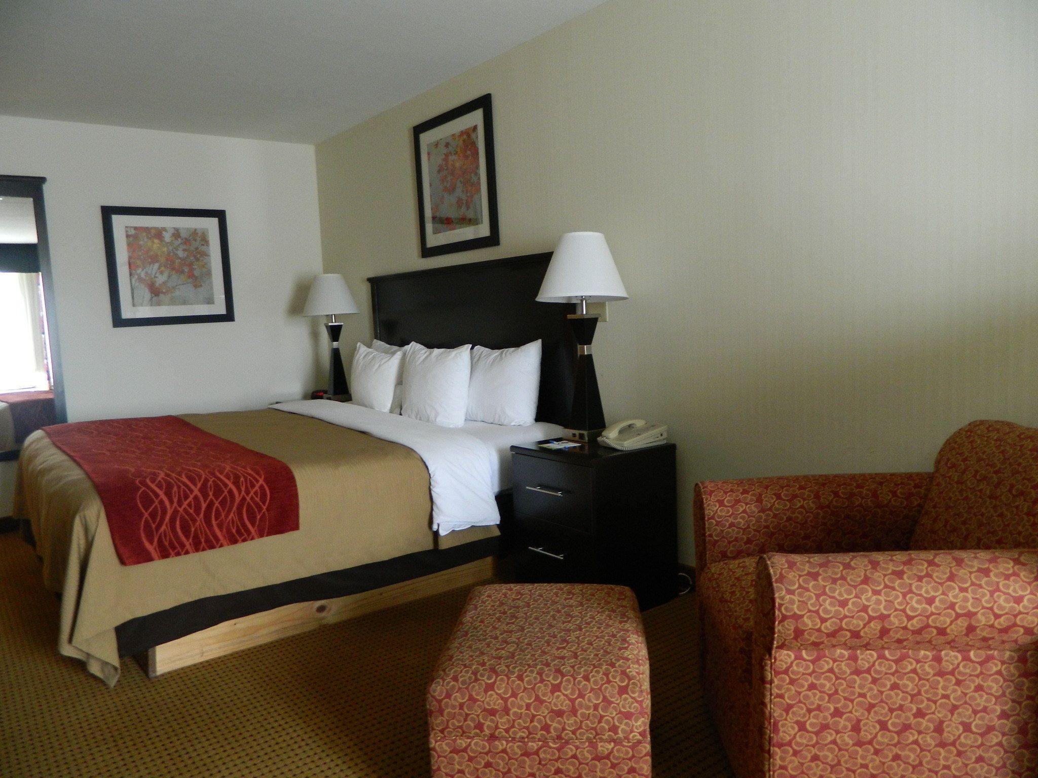 A hotel room with a bed, two bedside lamps, a telephone, and a chair.