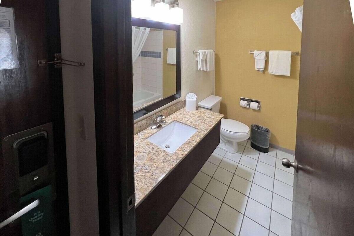 A bathroom with a sink, toilet, and mirror.