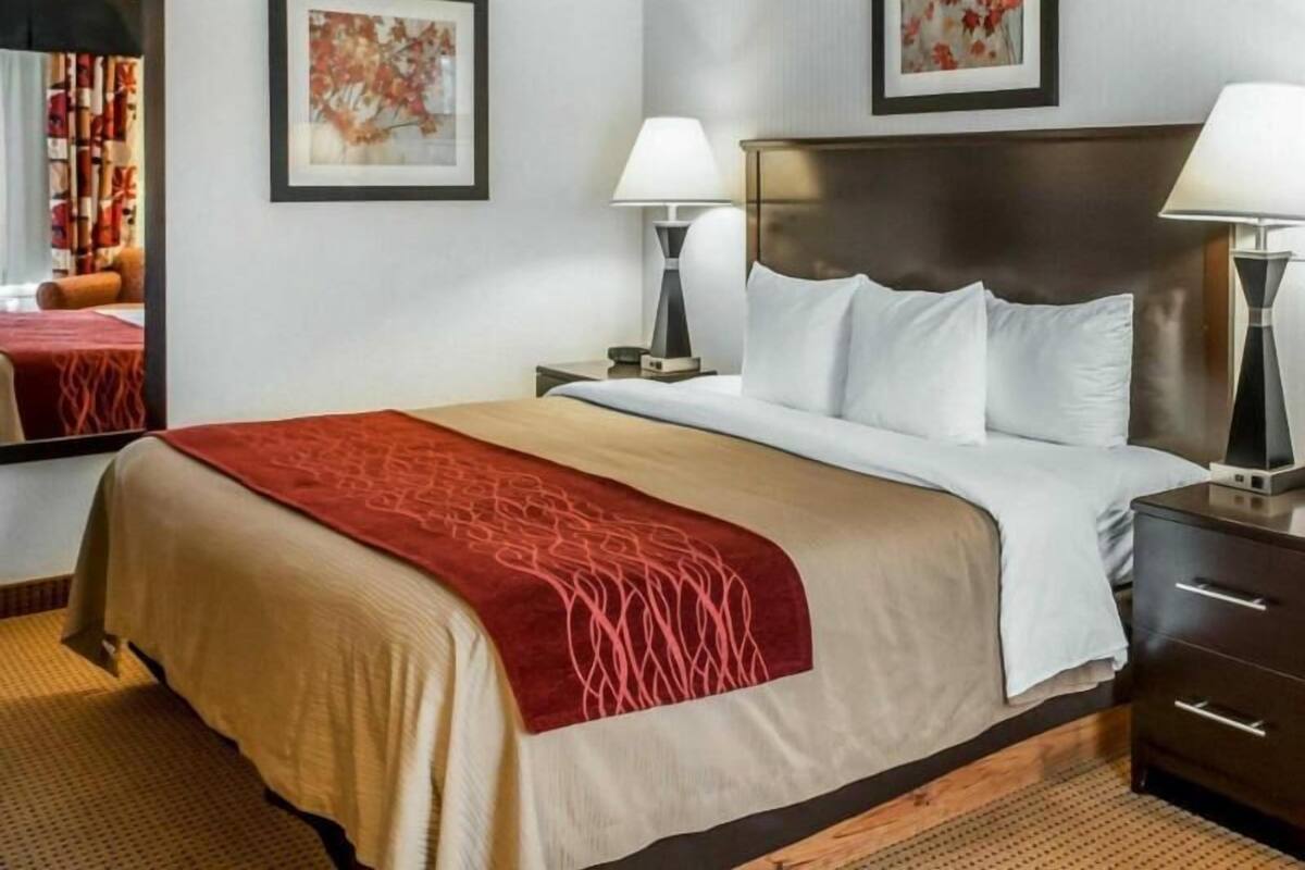 Une chambre d’hôtel comprenant un lit, deux tables de chevet, un miroir et deux œuvres d’art encadrées accrochées au mur.