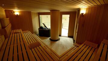 Een sauna met houten banken en een centrale pilaar.