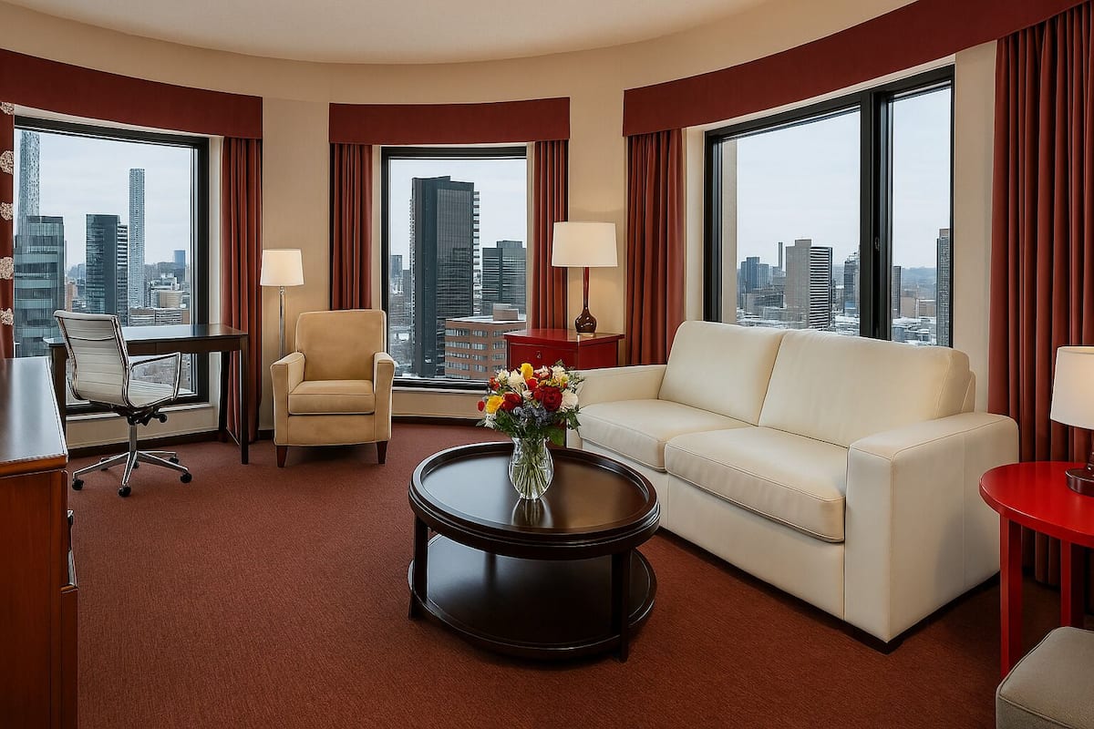 A modern hotel room with a sofa, armchair, desk, and a view of the cityscape.