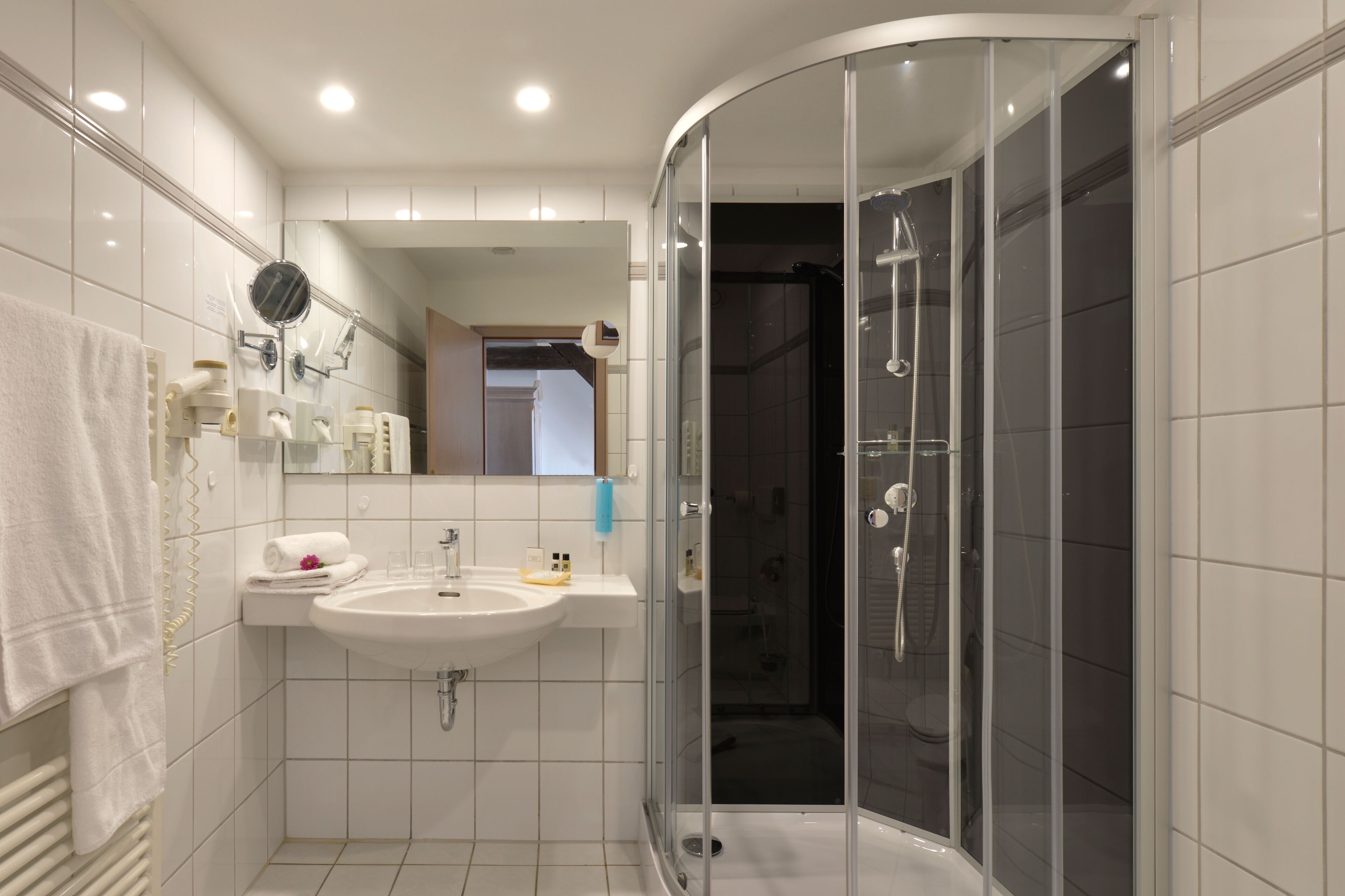 shower, free toiletries, hair dryer, towels