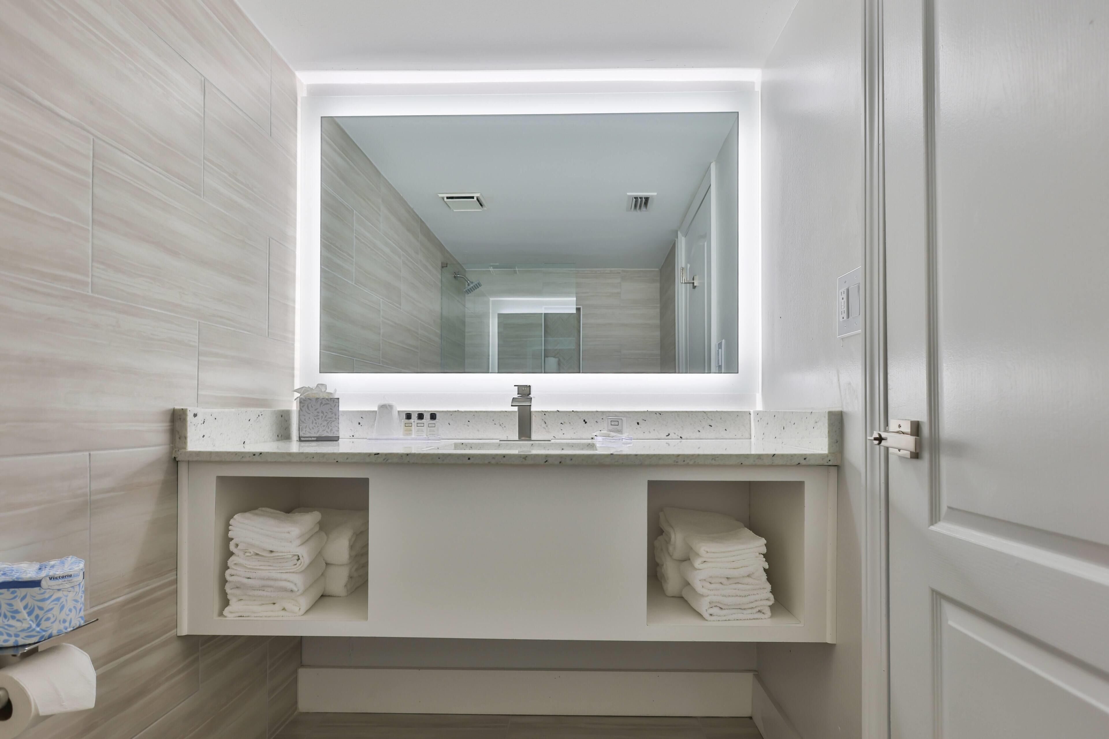 A modern bathroom with a large mirror, a sink, and two towel racks.