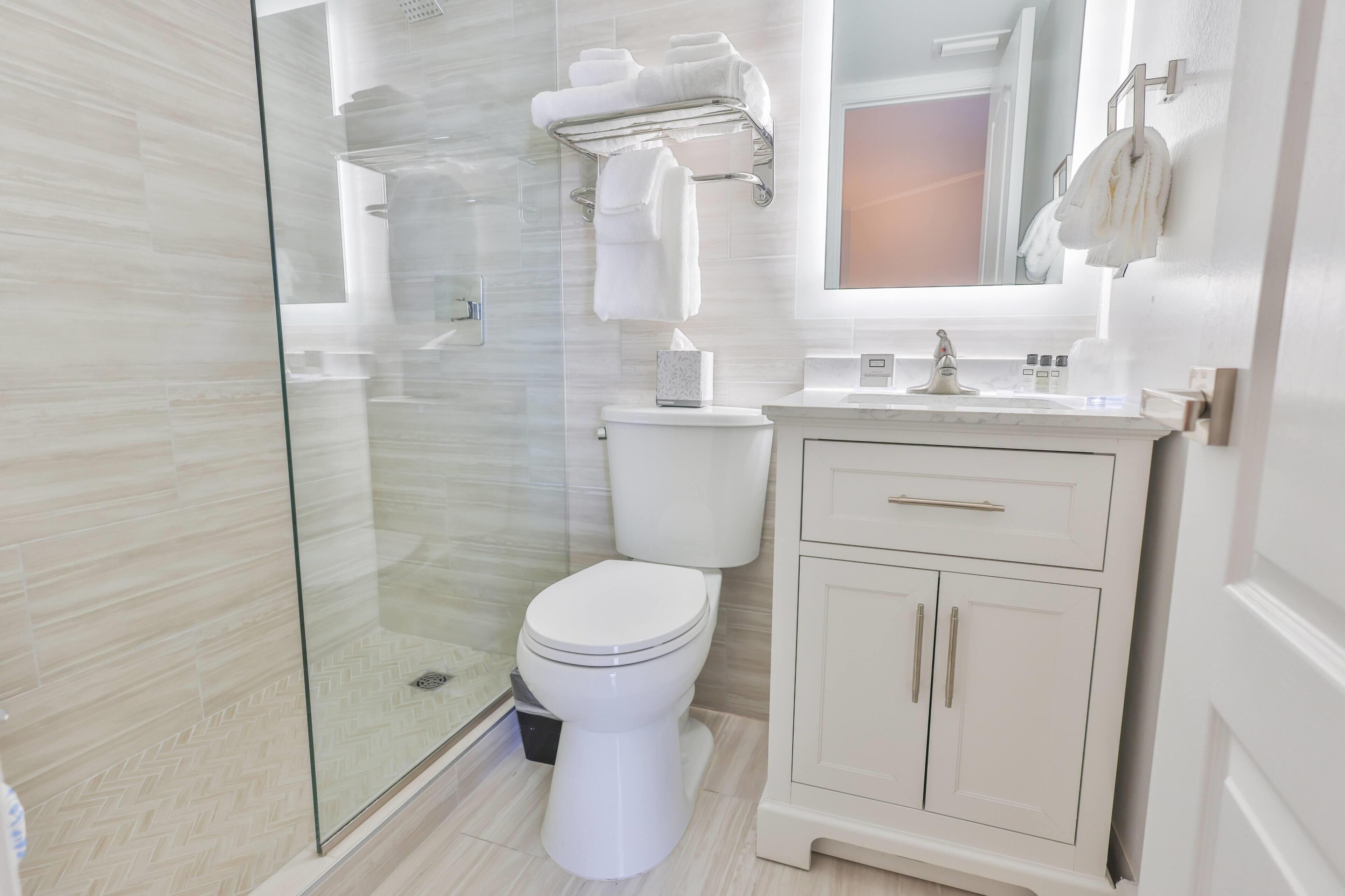 A modern bathroom with a glass shower enclosure, a toilet, a vanity with a mirror, and a towel rack.