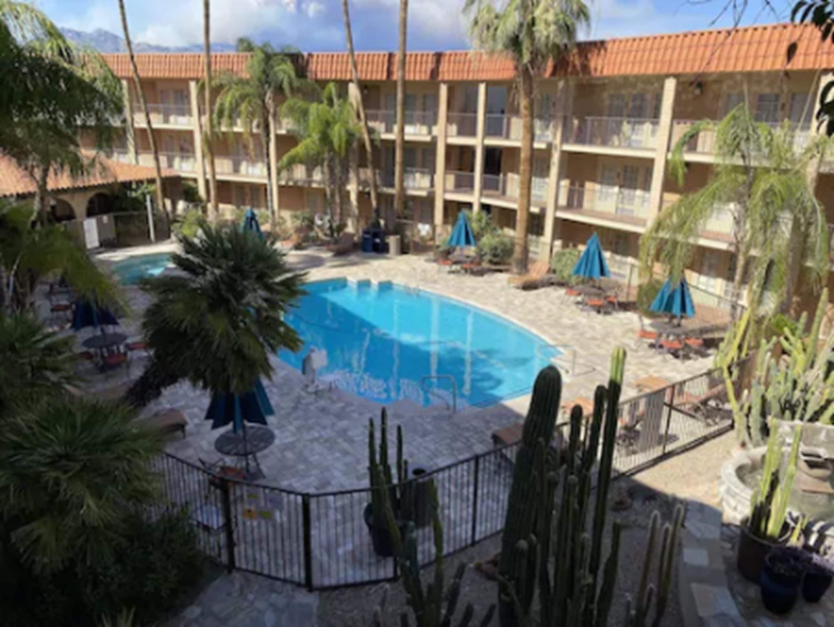 A pool area with palm trees, a fenced pool, and a building with balconies in the background.