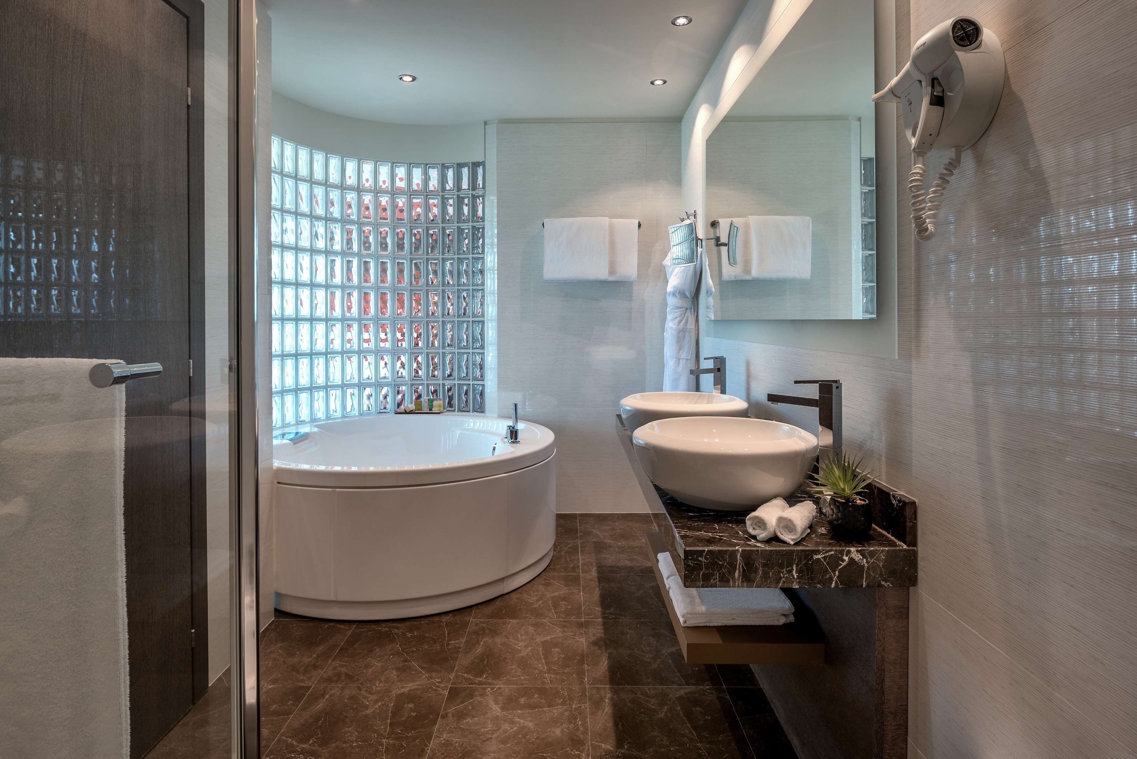 free toiletries, hair dryer, bathrobes, slippers