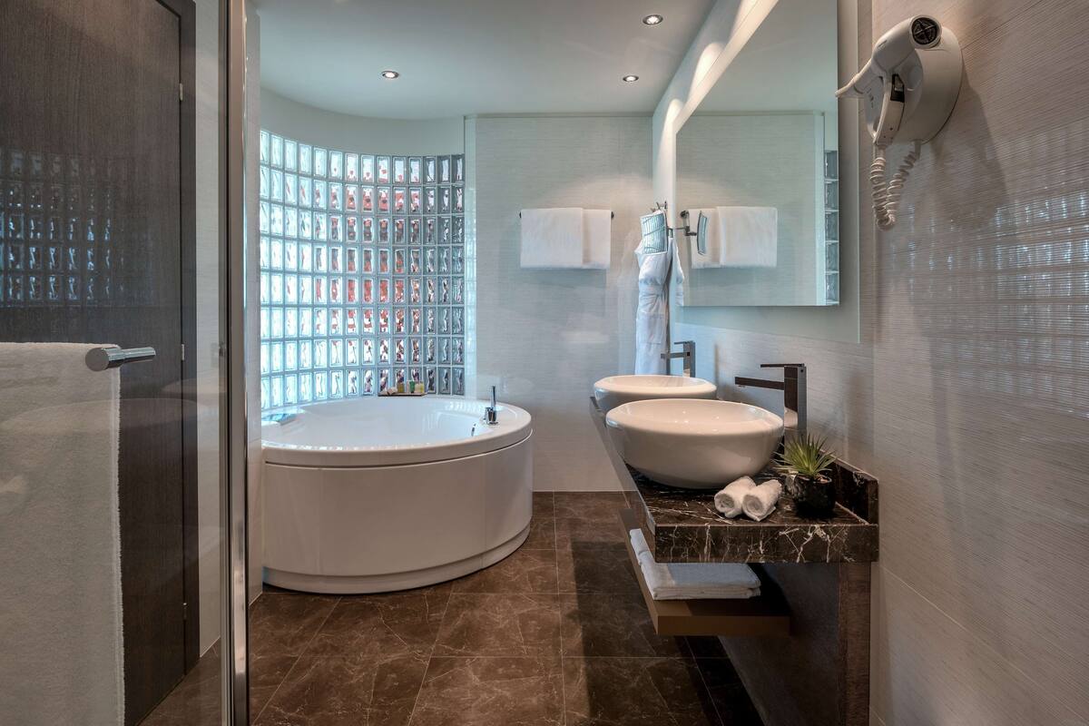 free toiletries, hair dryer, bathrobes, slippers