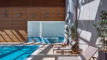 Indoor pool, open 9:00 AM to 9:00 PM, sun loungers