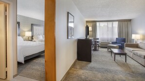 Una habitación de hotel con cama, escritorio, sofá y sillón.