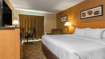 A hotel room with a large bed, a desk with a television, a chair, a desk lamp, and a wall-mounted picture.