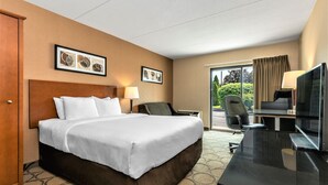 A hotel room with a large bed, a desk with a TV, a chair, and a window with curtains.