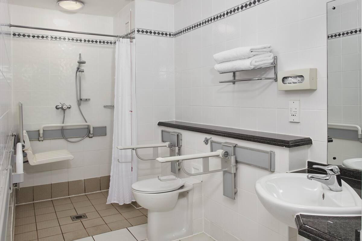 combined shower/bathtub, free toiletries, hair dryer, towels