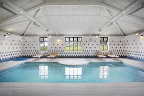 An indoor swimming pool with tiled walls, a ceiling with visible beams, and windows with a view of greenery outside.